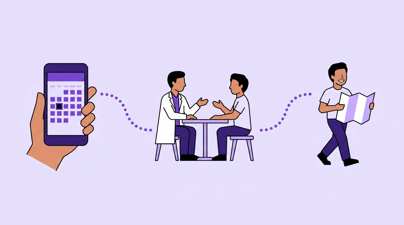 Booking on a phone, a private talk with the doctor, and leaving with a written plan