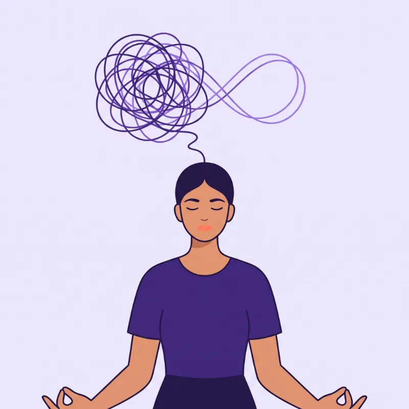 A woman sitting calmly as a tangled line above her head unwinds